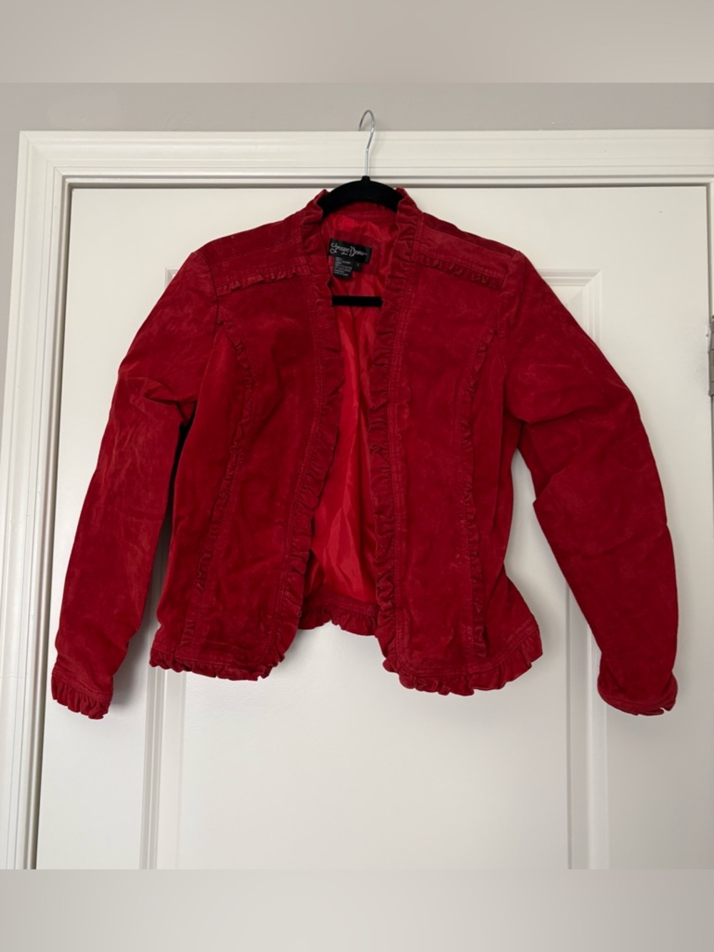 Vintage Prosper & Devine Women’s Brught Red Ruffle-Trim Suede Leather Jacket